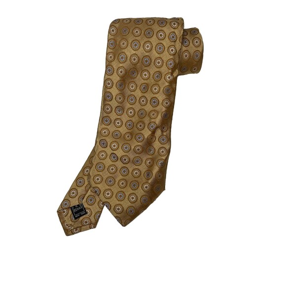 Ike Behar 100% Silk Tie Men's Golden With Geometric circles White Blue Floral - Picture 1 of 7